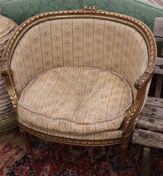 A pair of French gilt tub chairs, W.80cm, D.55cm, H.80cm